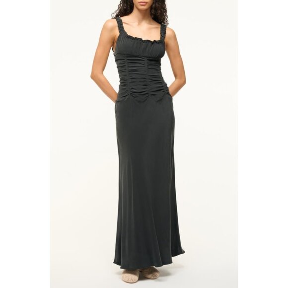 STAUD Dresses & Skirts - STAUD Nic Ruched Sleeveless black Silk Maxi Dress SIZE 4